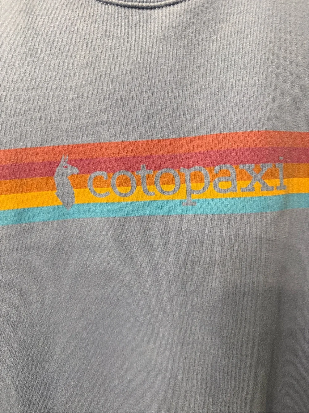 cotopaxi blue crewneck sweater with multicolor stripe logo